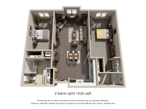 Floor plan for 2 beds, 1.5 baths, 1020 sqft